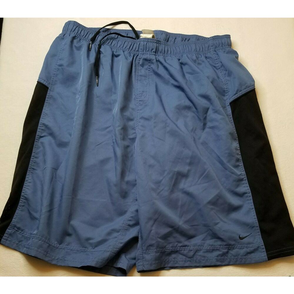 Nike Mens Swimsuit Swim Trunks XXL Blue Black Mesh Lined Elastic Waist